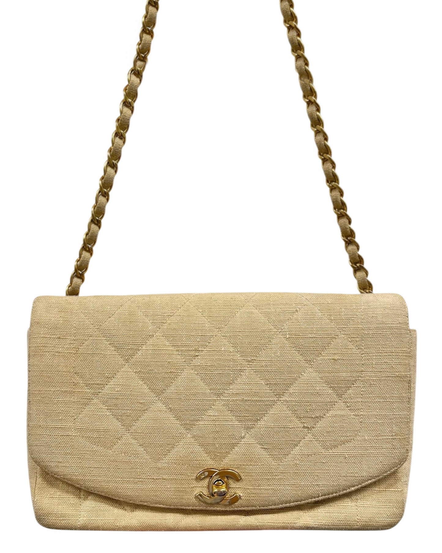 Chanel Vintage 1994 Beige Quilted Linen Medium Diana Flap Bag with 24K GPHW