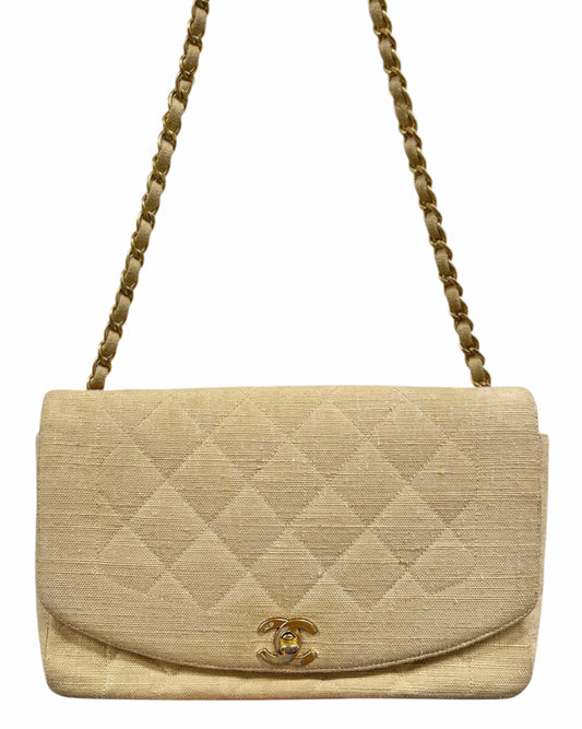 Chanel Vintage 1994 Beige Quilted Linen Medium Diana Flap Bag with 24K GPHW