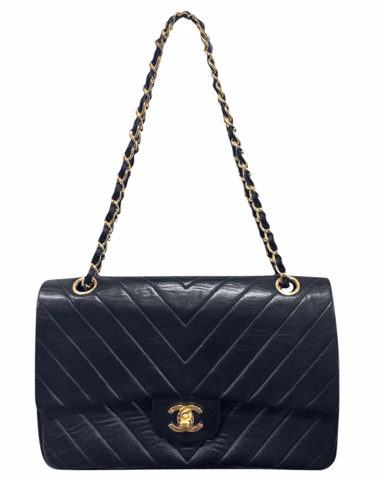 Chanel Vintage 80s/90s Black Chevron Quilted Lambskin Medium Classic Double Flap Bag with 24K GPHW