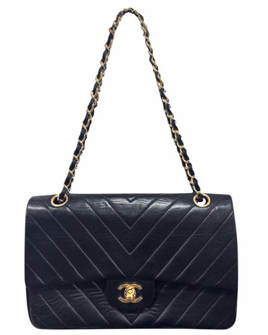 Chanel Vintage 80s/90s Black Chevron Quilted Lambskin Medium Classic Double Flap Bag with 24K GPHW