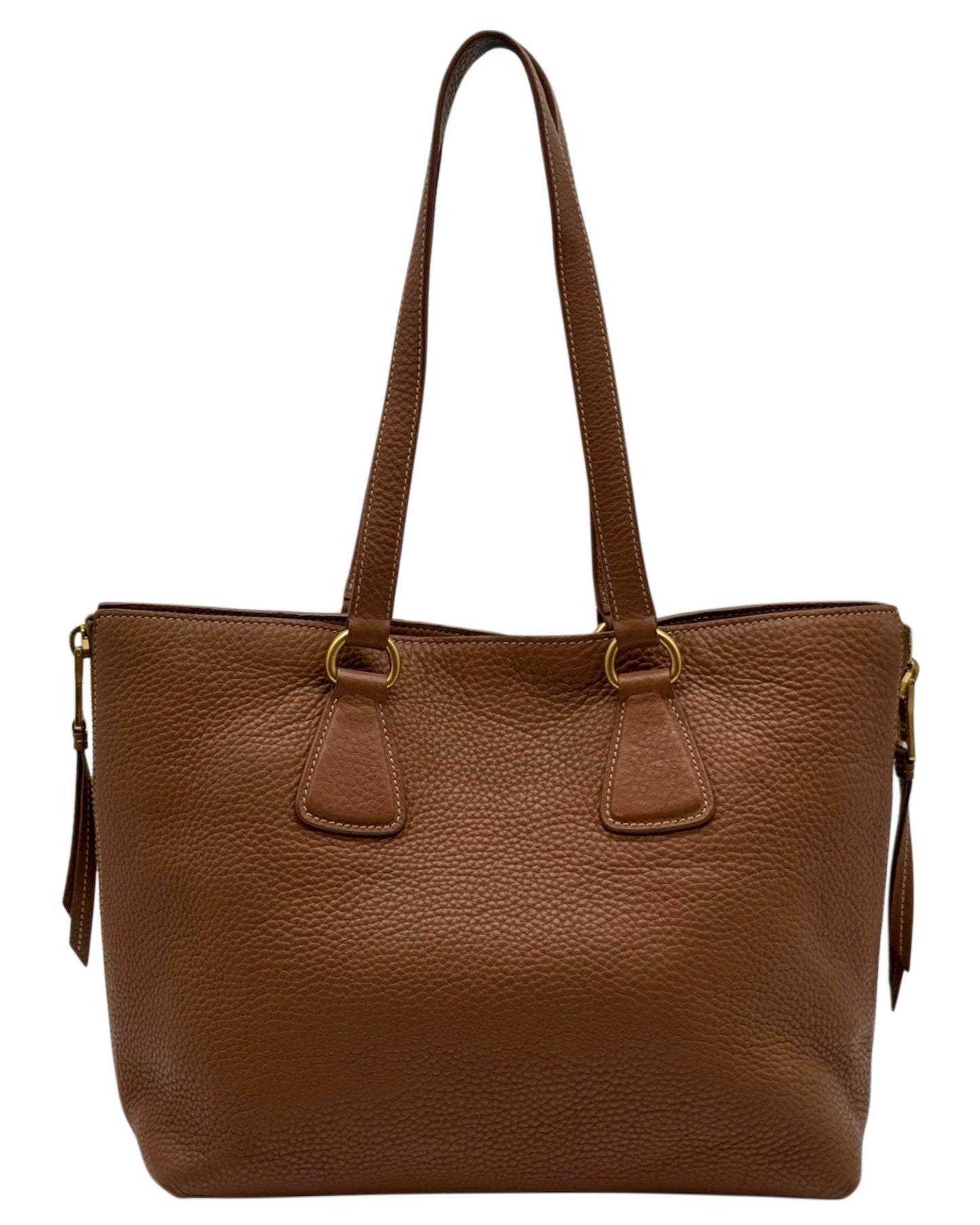 Prada Brown Leather Vitelo Daino Side Zip Shoulder Tote Bag