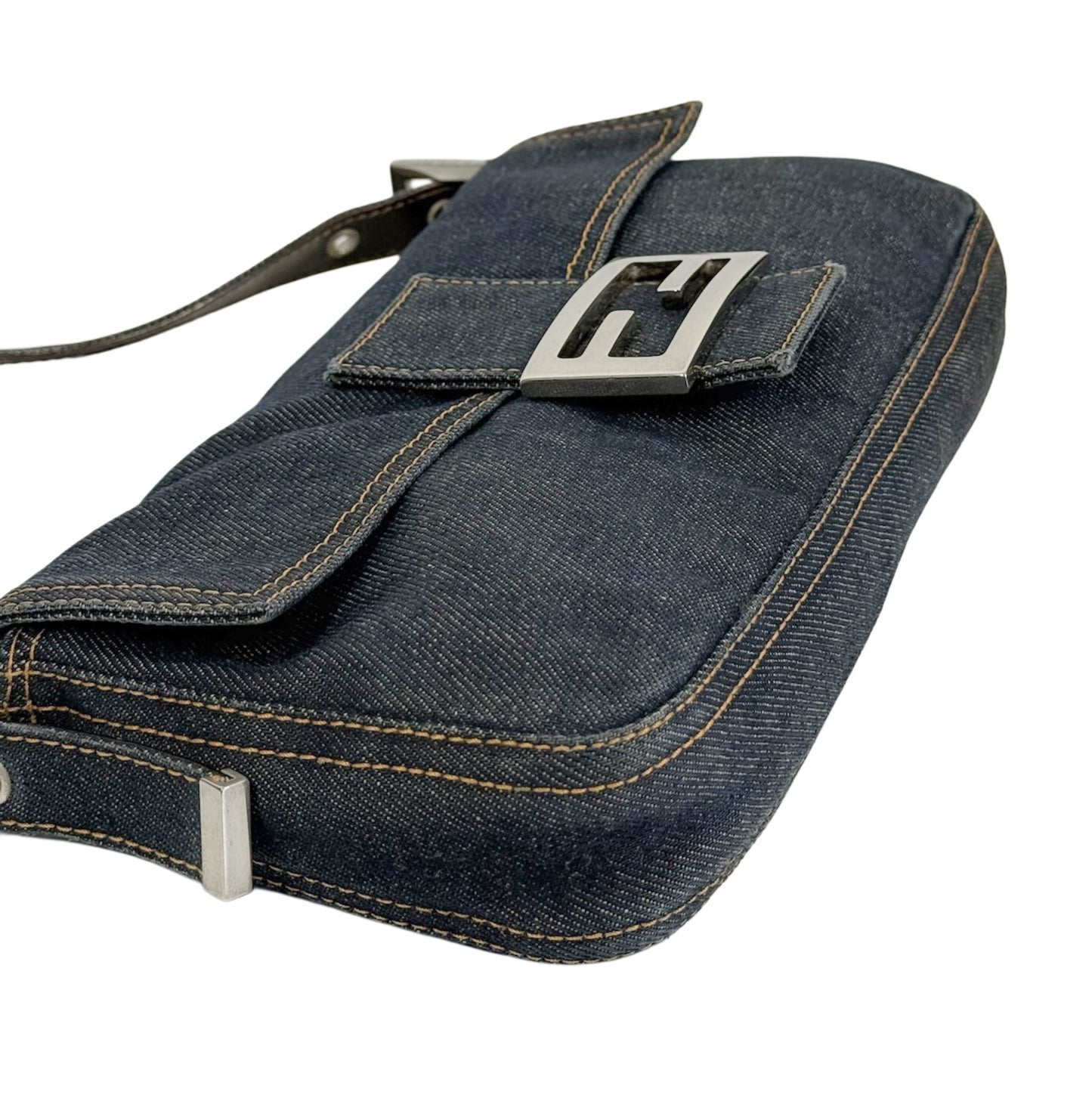 Fendi Vintage Blue Denim Classic Shoulder Baguette Bag