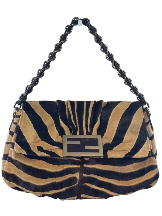Fendi Vintage Beige & Brown Zebra Print Pony Hair Medium Chain Shoulder Bag