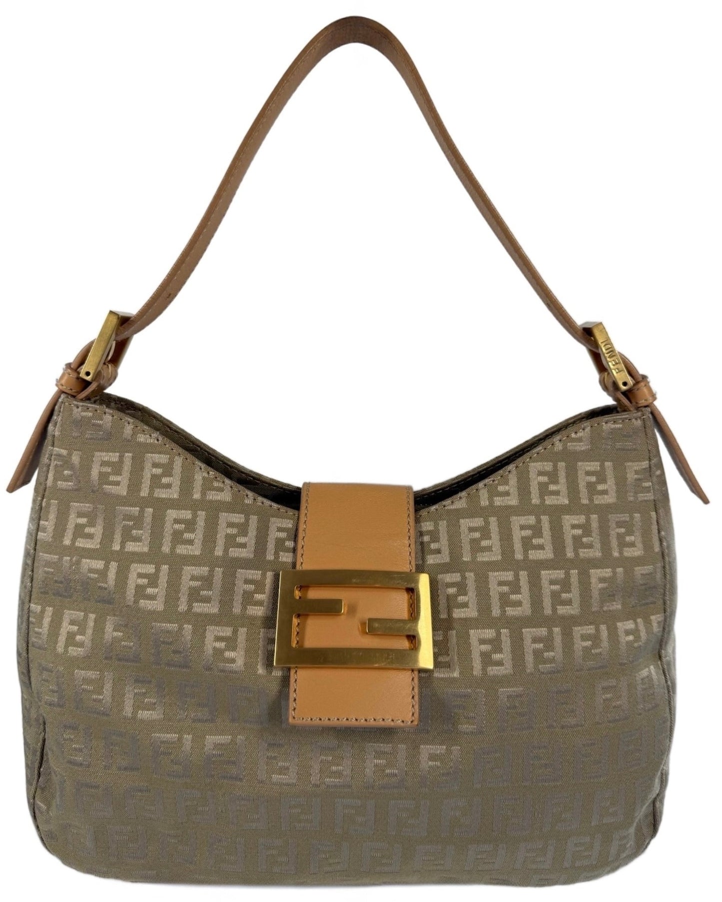 Fendi Vintage Beige Gold Zucca Monogram Hobo Shoulder Baguette Bag