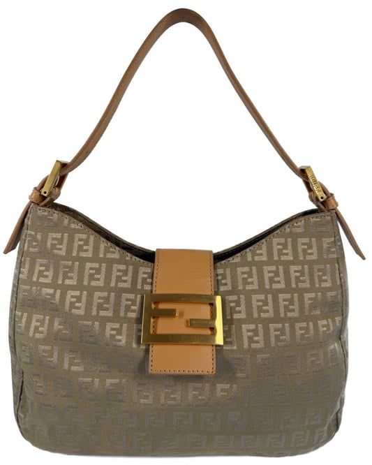 Fendi Vintage Beige Gold Zucca Monogram Hobo Shoulder Baguette Bag