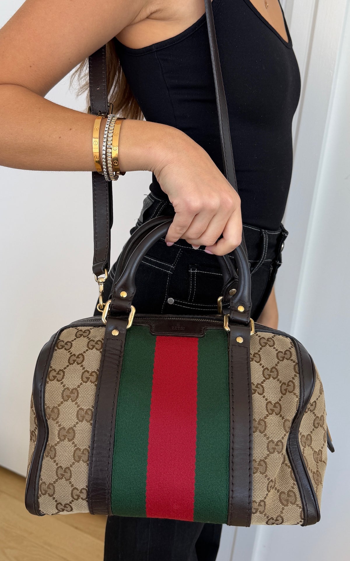 Gucci Vintage Brown GG Monogram Webb Stripe Small Joy Boston Two-Way Bag