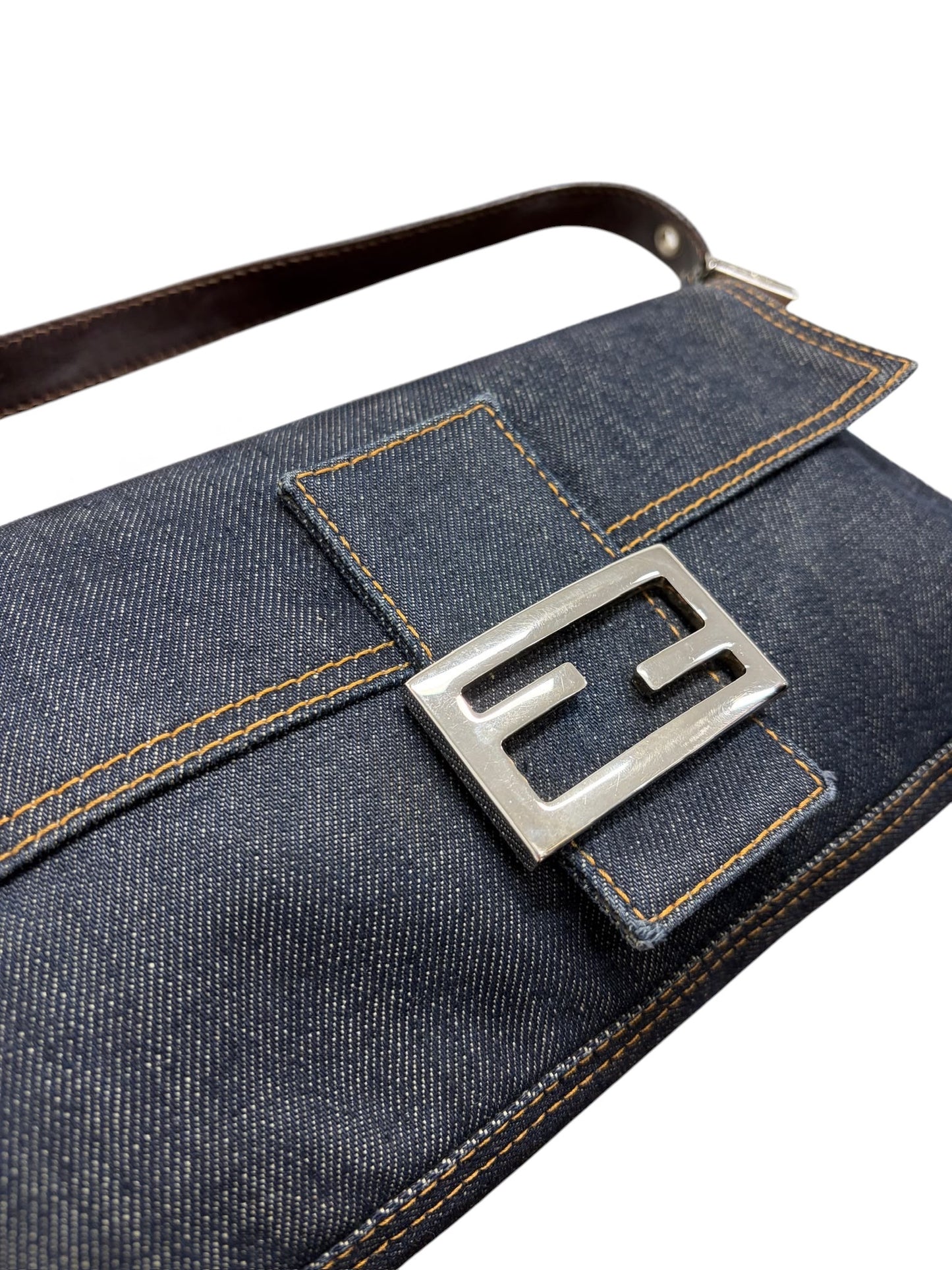 Fendi Vintage Blue Denim Classic Shoulder Baguette Bag