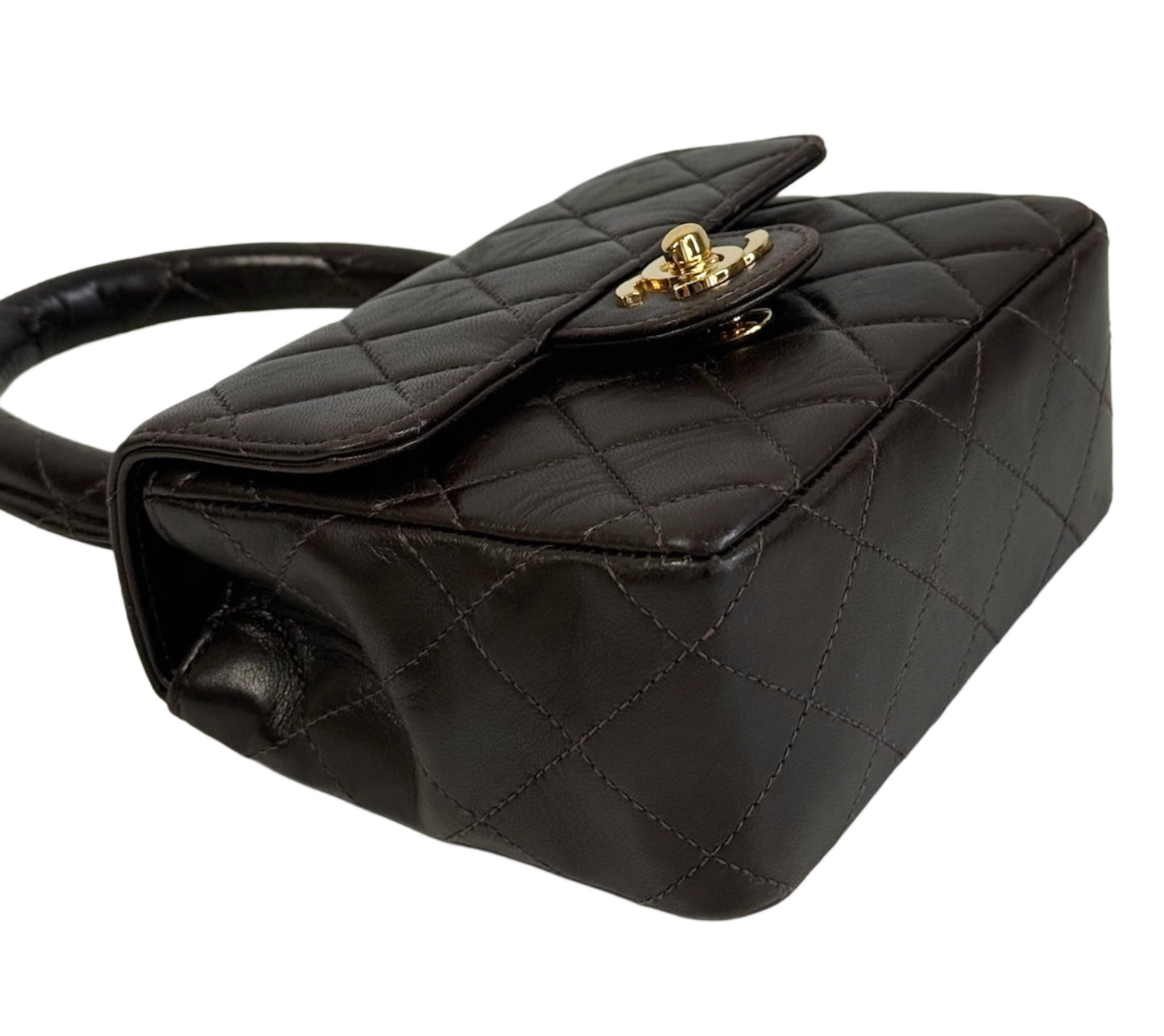 Chanel Vintage 90s Chocolate Brown Quilted Lambskin Mini Parent Child Square Kelly Classic Flap Top Handle Bag w 24K GPHW