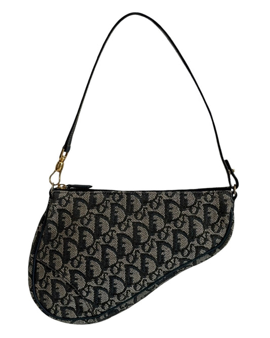 Dior Vintage 2001 Navy Blue Trotter Monogram Mini Saddle Pochette Shoulder Bag