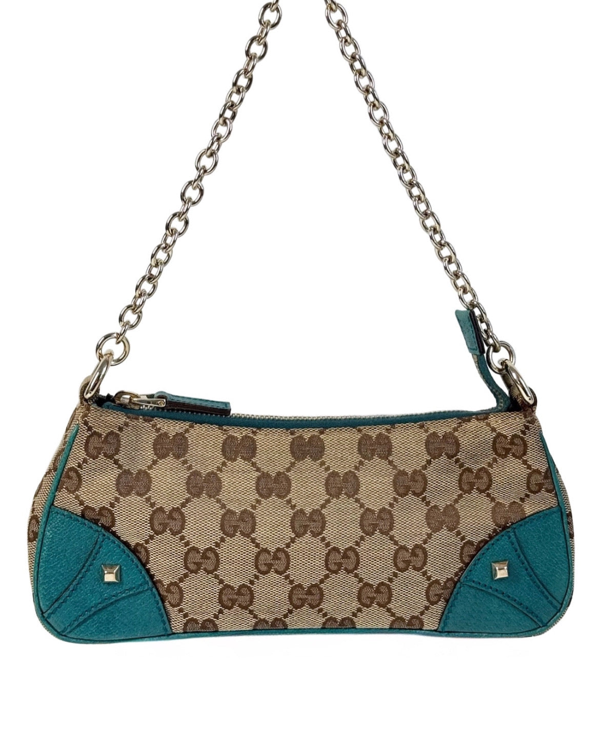 Gucci Vintage Brown GG Monogram Turquoise Leather Trim Chain Link Studded Shoulder Pochette Bag