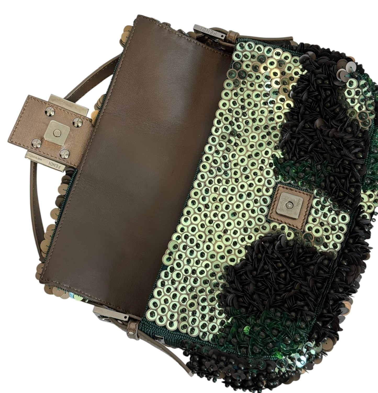 Fendi 2013 Camo Green 3D Beaded Sequin Embellished Shoulder Baguette Shoulder with Gunmetal Hardware