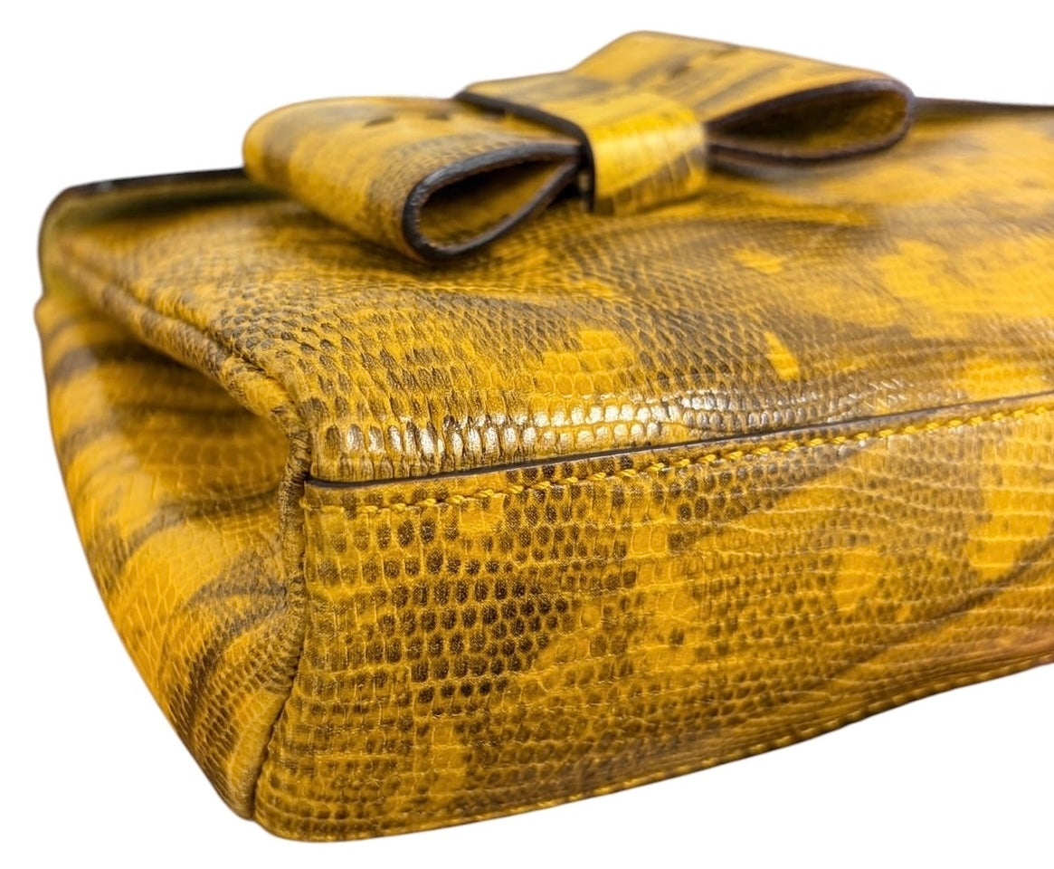 Miu Miu Vintage S/S 2000 Yellow Embossed Lizard Leather Bow Pochette Clutch Bag 