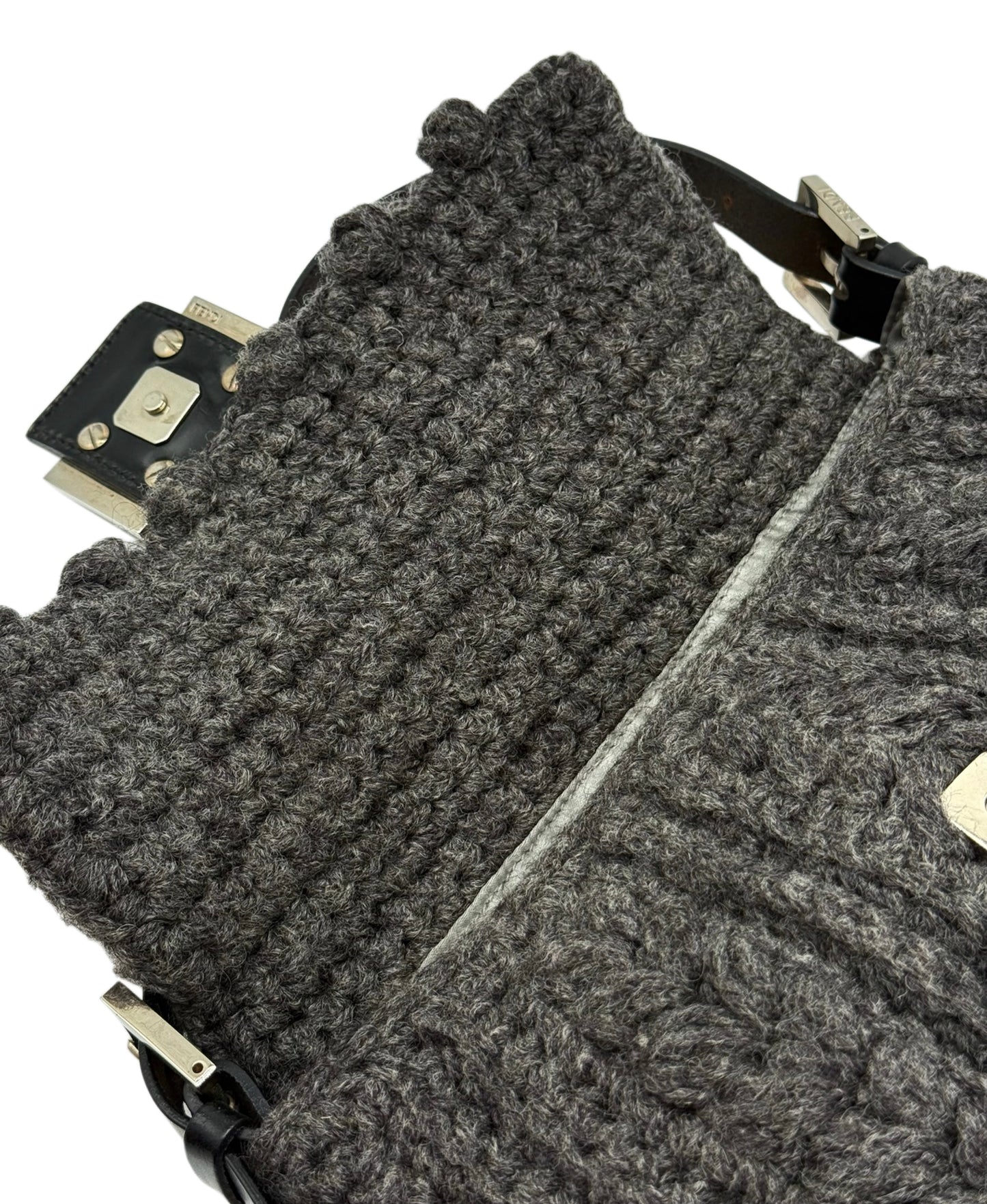 Fendi Vintage Dark Gray Crochet Knit Shoulder Baguette Bag