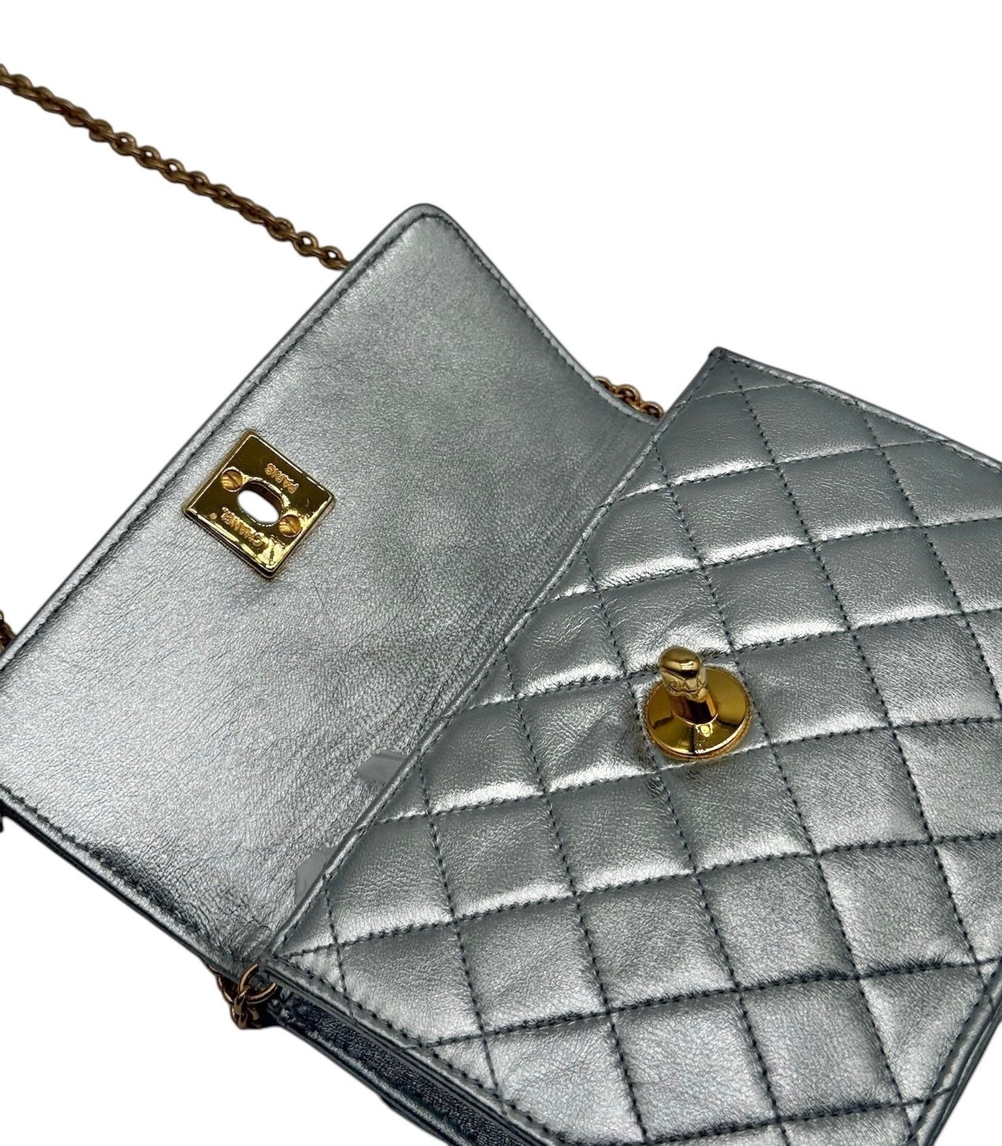 Chanel Vintage 90’s Metallic Silver Quilted Lambskin Micro Mini Square Flap Bag with 24K GPHW