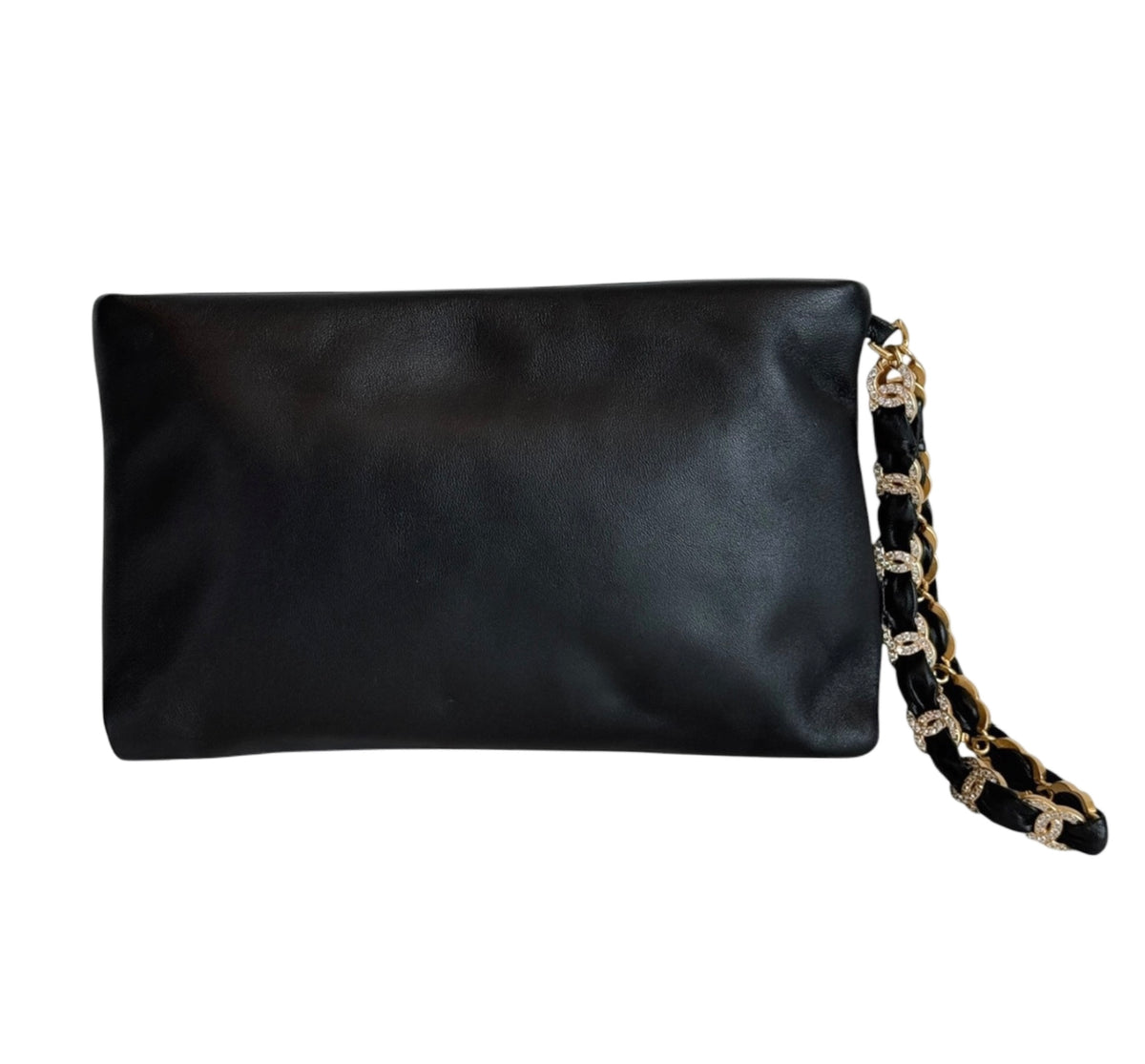 Chanel 2024 Black Lambskin Wristlet Evening Clutch with Rhinestone Crystal CC Logos