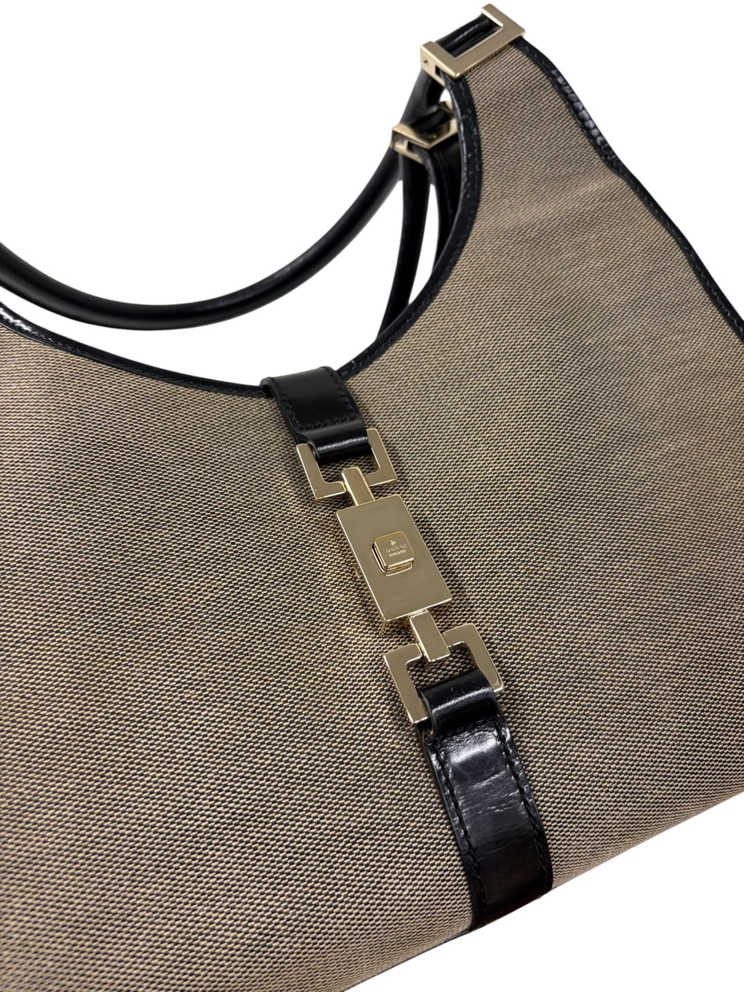 Gucci Vintage Beige Canvas with Black Patent Leather Trim Medium Jackie Shoulder Bag 