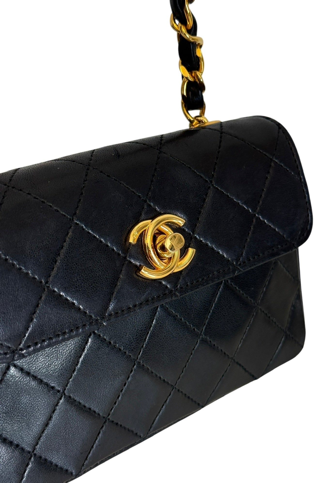 Chanel Vintage 80s Black Quilted Lambskin Micro Mini Rectangular Classic Flap Bag with 24K GPHW