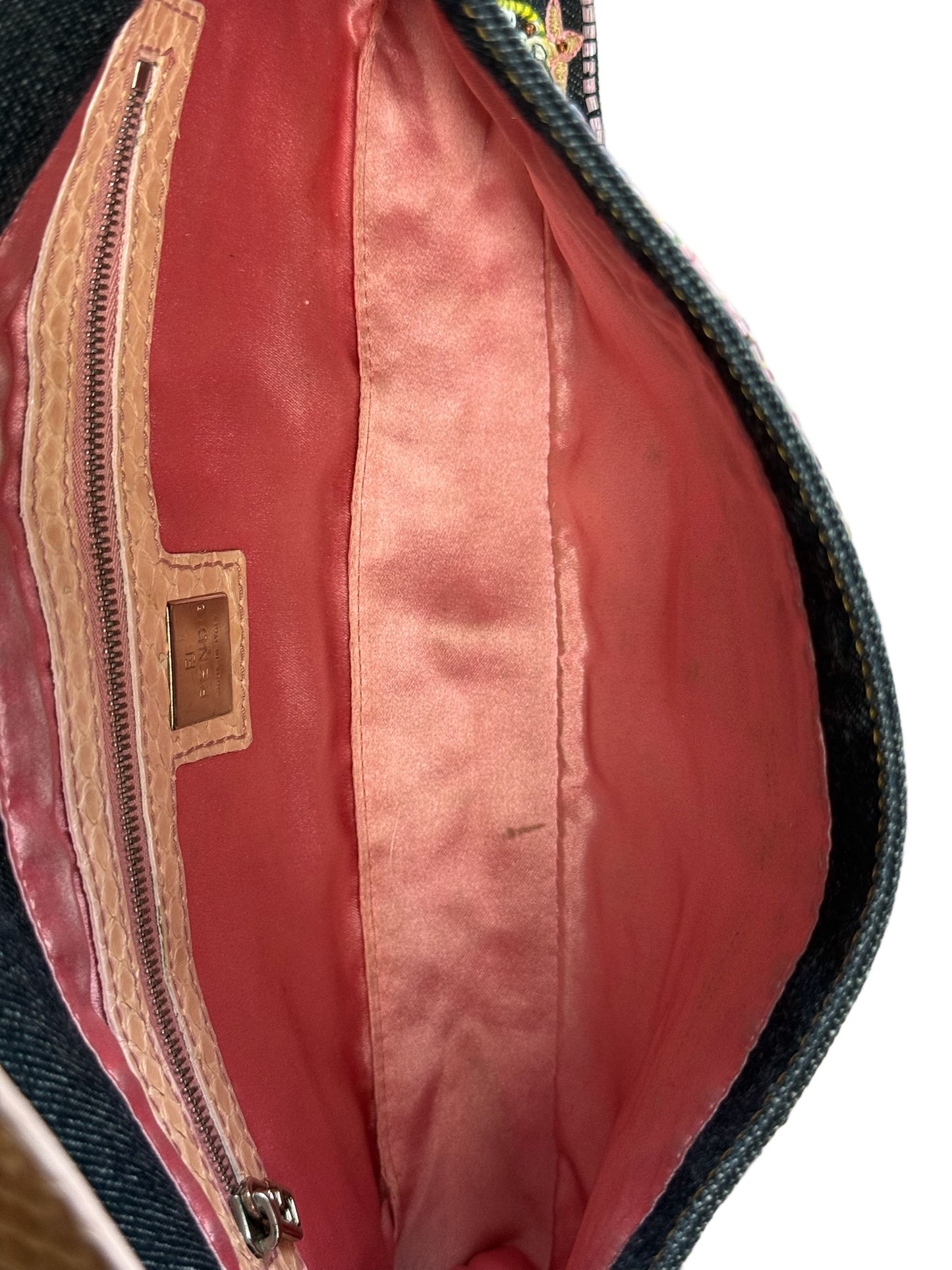 Fendi Vintage Blue Denim Pink Lizard Trim Green Fringe Beaded Embroidered Shoulder Baguette Bag