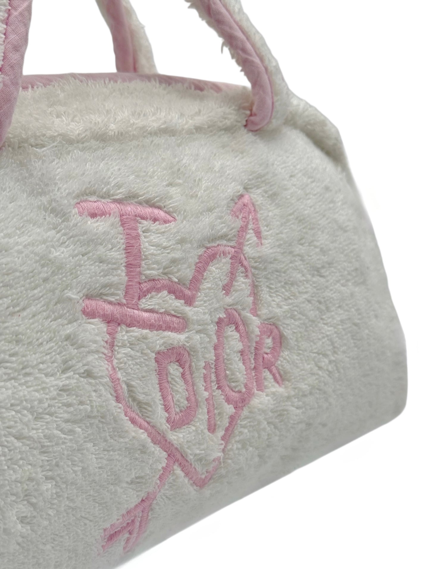 Dior Vintage 00s Ivory & Pink I <3 Dior Terry Cloth Cosmetic Mini Top Handle Bag