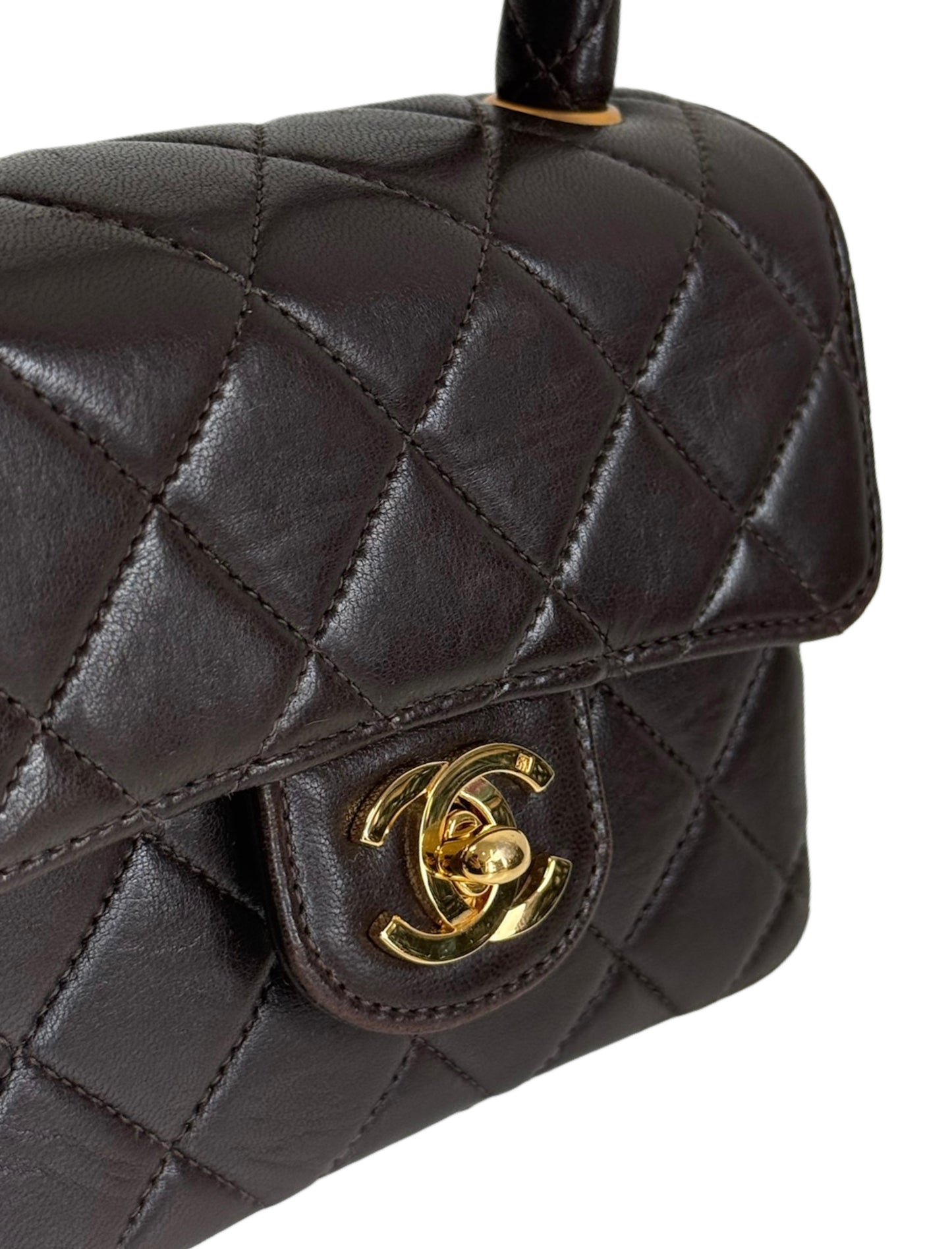 Chanel Vintage 90s Chocolate Brown Quilted Lambskin Mini Parent Child Square Kelly Classic Flap Top Handle Bag w 24K GPHW