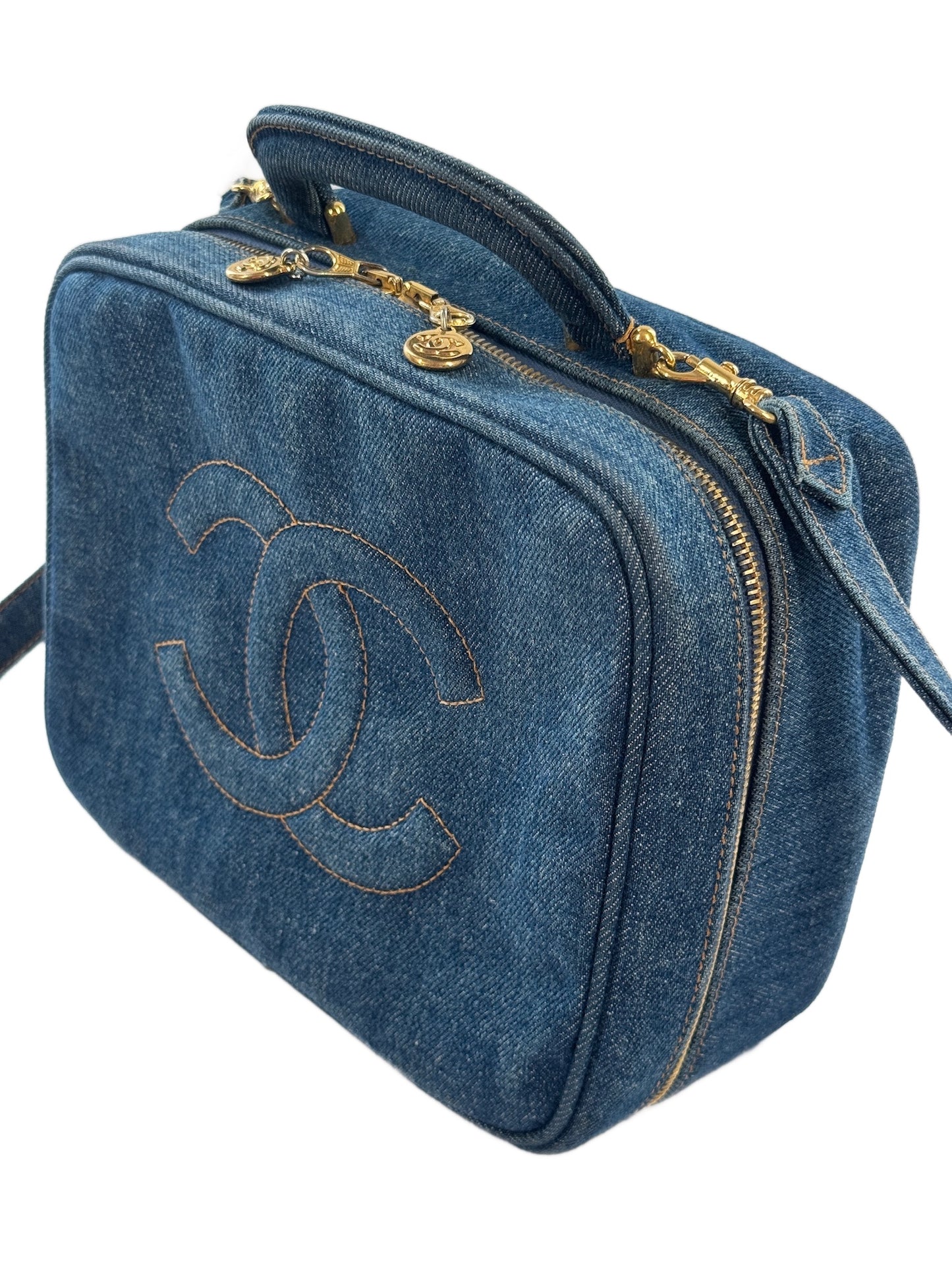 Chanel Vintage 90s Denim CC Top Handle Vanity Case w Shoulder Crossbody Strap