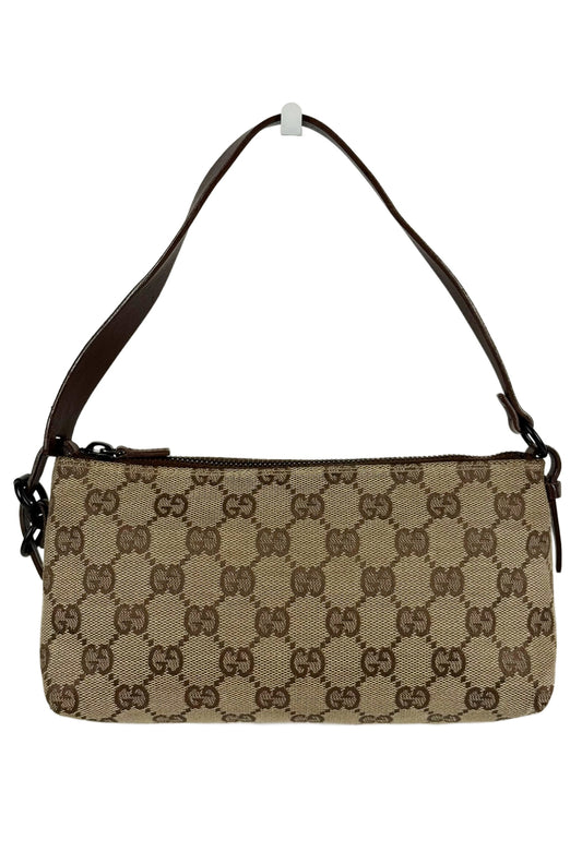 Gucci Vintage Brown GG Monogram Brown Leather Trim Small Pochette Bag