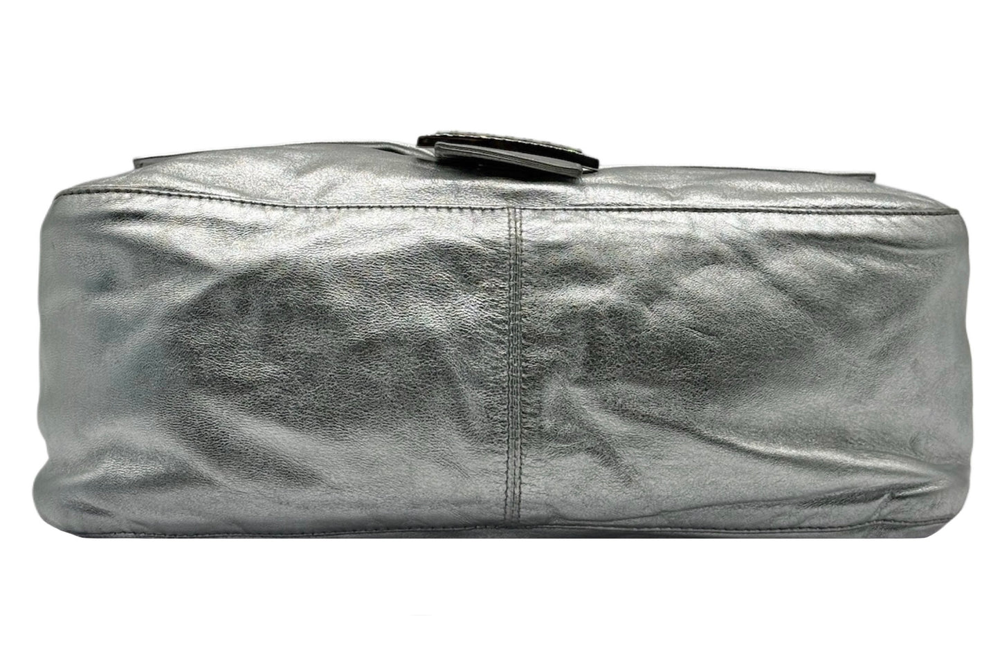 Fendi Vintage Metallic Silver Lambskin Leather Crystal Logo Mamma Shoulder Baguette Bag