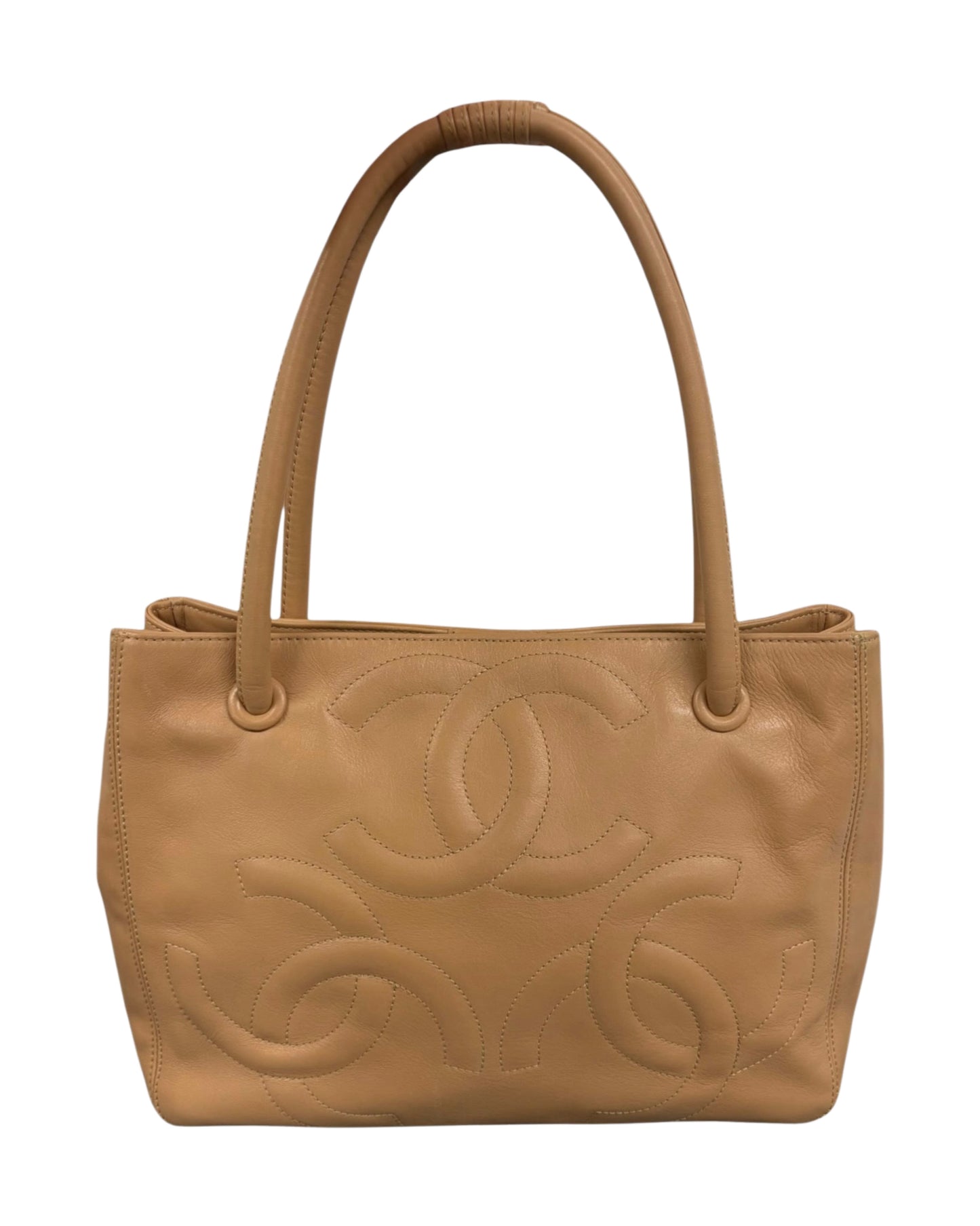 Chanel Vintage 00s Beige Lambskin Triple CC Small Shoulder Tote Bag