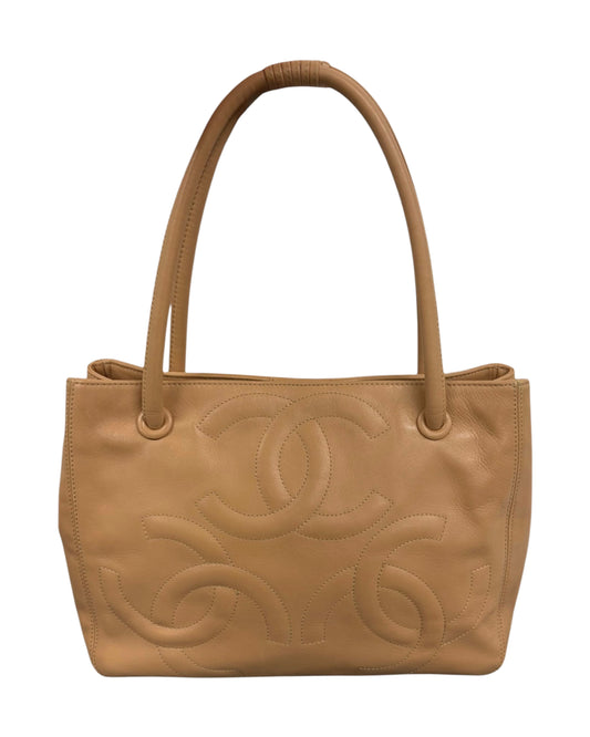 Chanel Vintage 00s Beige Lambskin Triple CC Small Shoulder Tote Bag