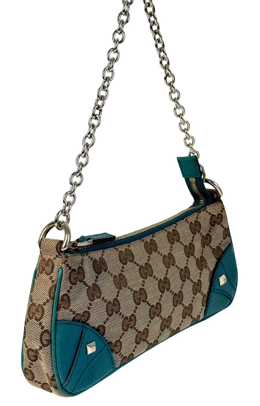 Gucci Vintage Brown GG Monogram Turquoise Leather Trim Chain Link Studded Shoulder Pochette Bag