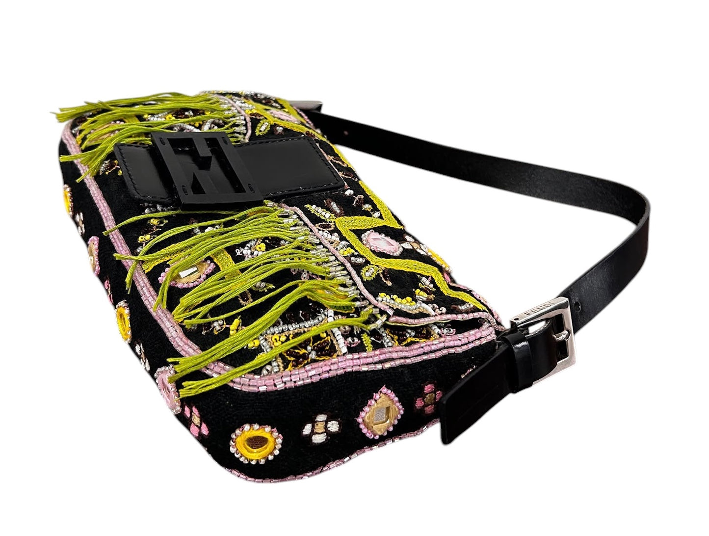 Fendi Vintage Black Knit Embroidered Pink Beaded Green Fringe Embellished Shoulder Baguette Bag