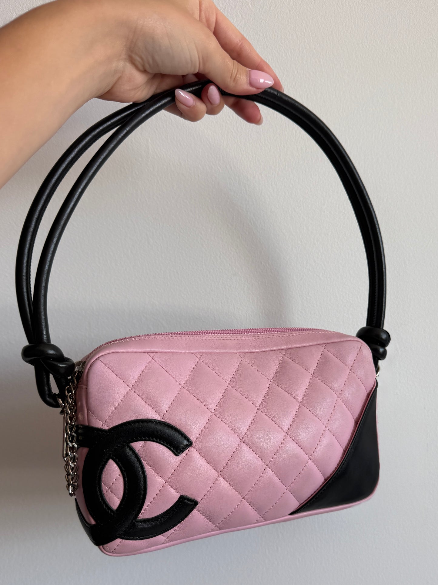 Chanel Vintage 00s Pink & Black Quilted Lambskin CC Cambon Pochette Shoulder Bag
