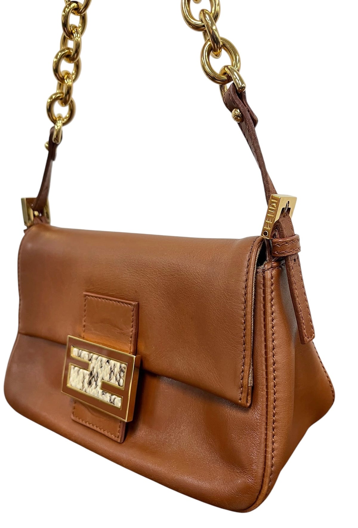 Fendi Vintage Cognac Brown Leather Snakeskin Logo Mini Mamma Shoulder Baguette Bag w Chain Strap