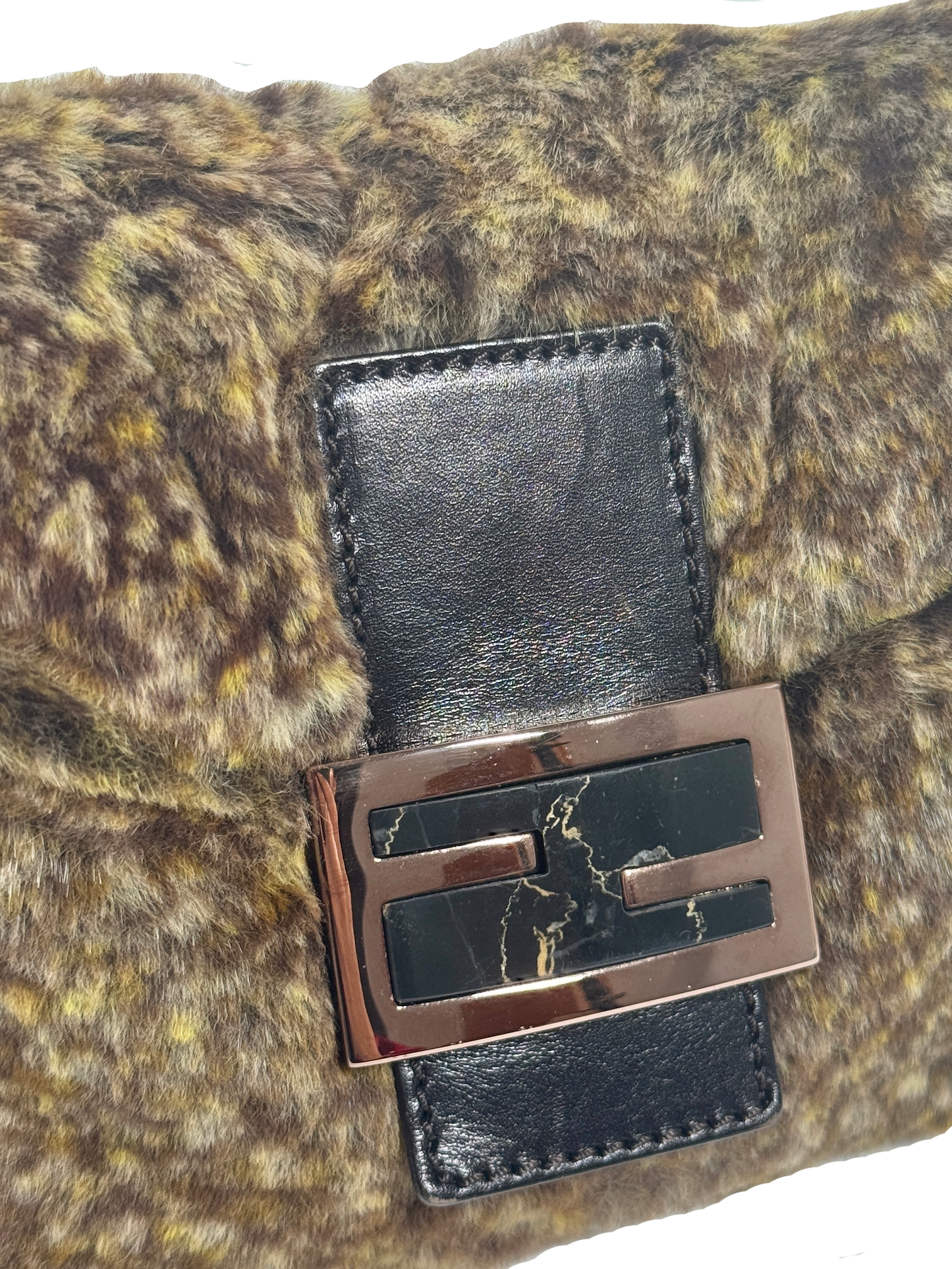 Fendi Vintage Brown Fur Double Flap Baguette Shoulder Bag with Rose Gold & Marble Hardware