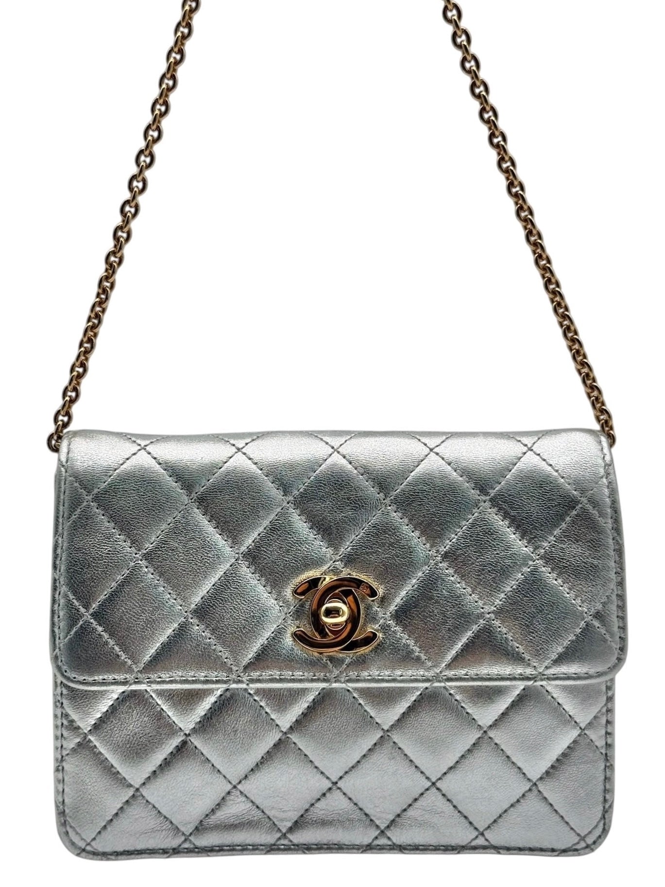 Chanel Vintage 90’s Metallic Silver Quilted Lambskin Micro Mini Square Flap Bag with 24K GPHW