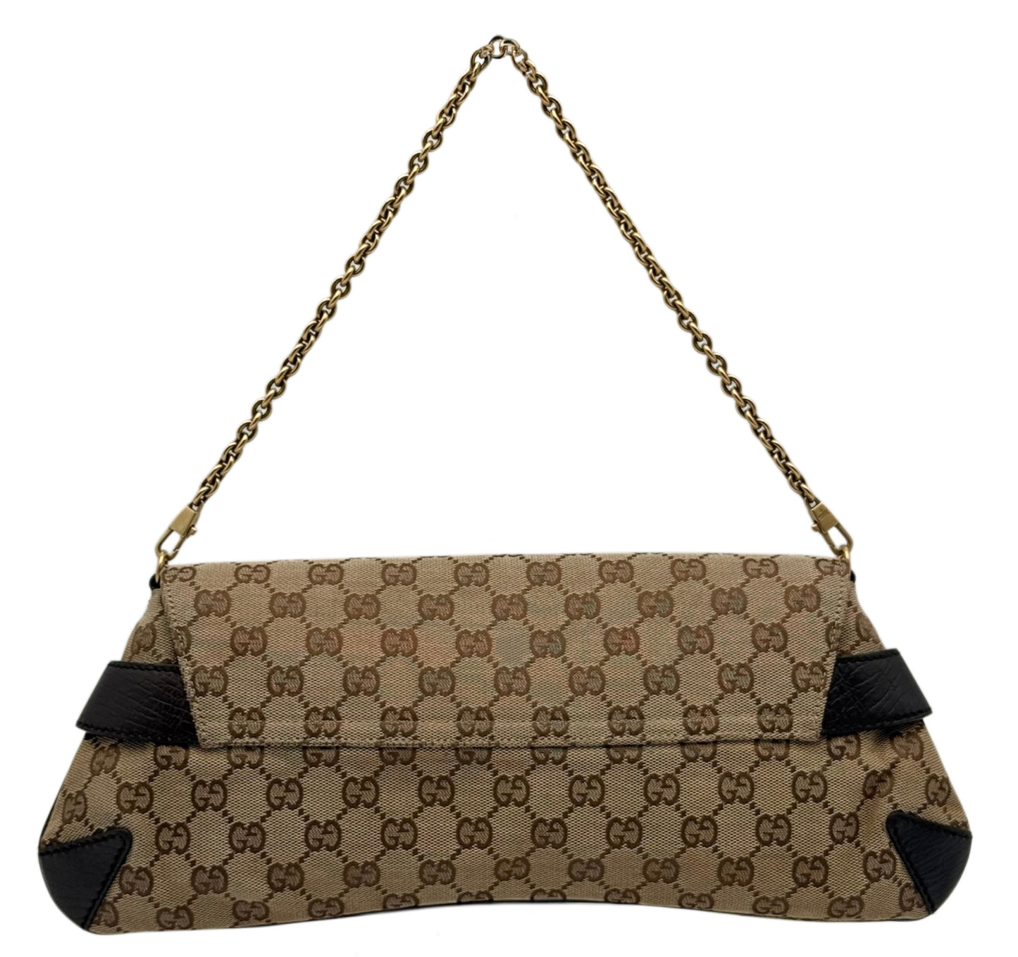 Gucci Vintage Brown GG Monogram Large Horsebit Shoulder Clutch Pochette Bag