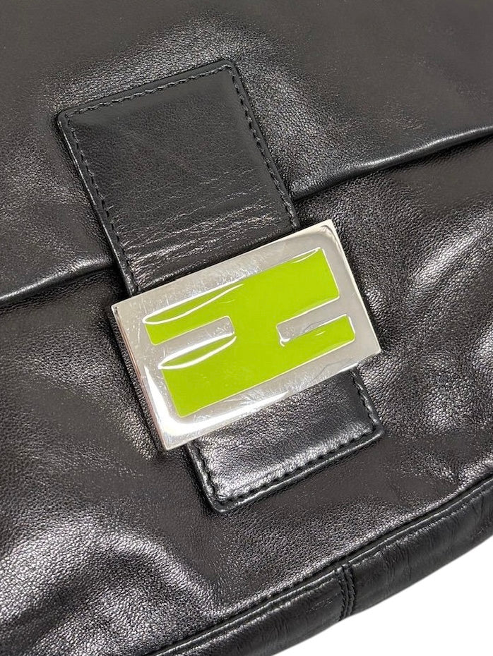 Fendi Vintage Black Lambskin Green Logo Mamma Shoulder Baguette Bag