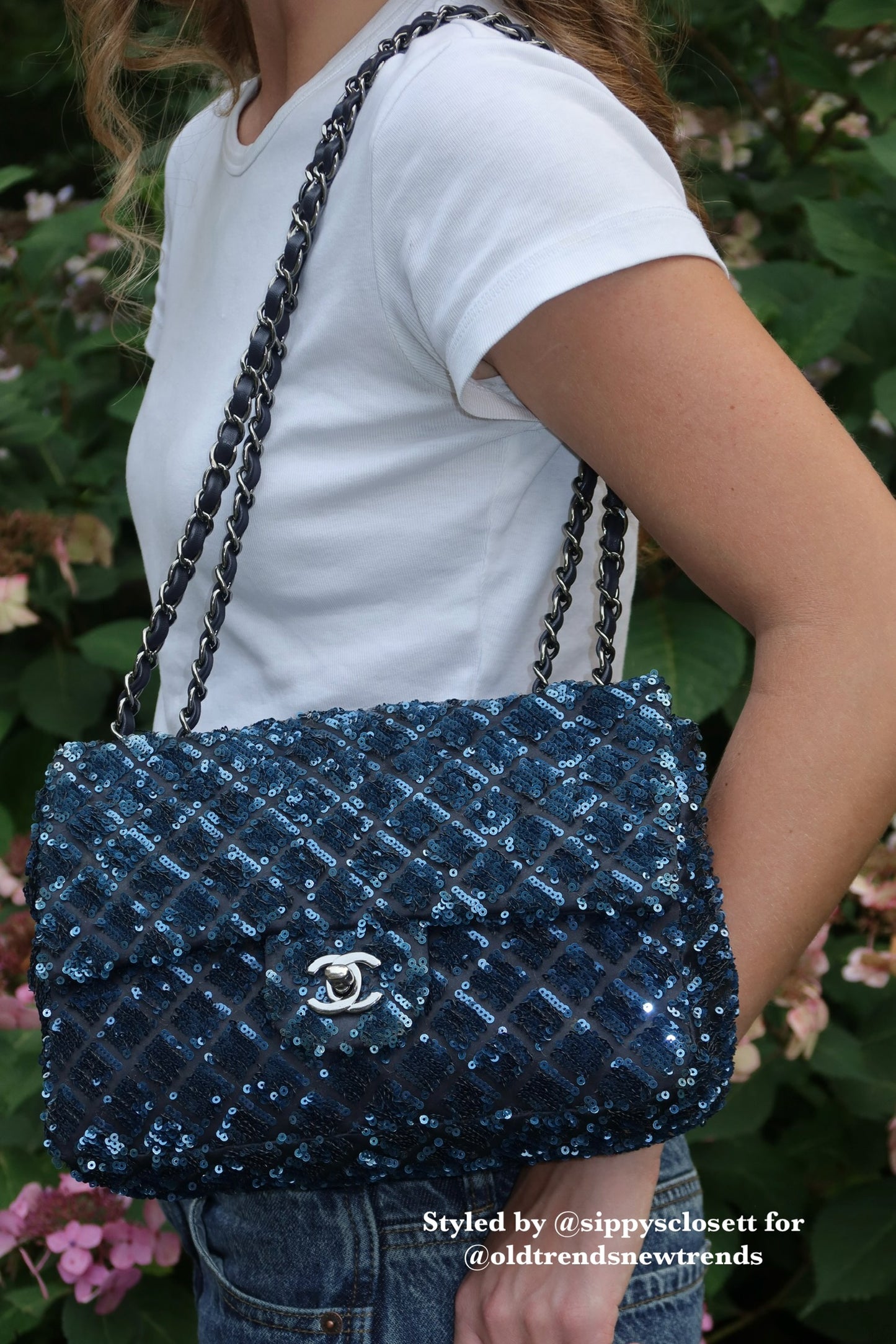Chanel 2012 Navy Blue Quilted Sequin Medium Single Flap Bag with Silver Hardware