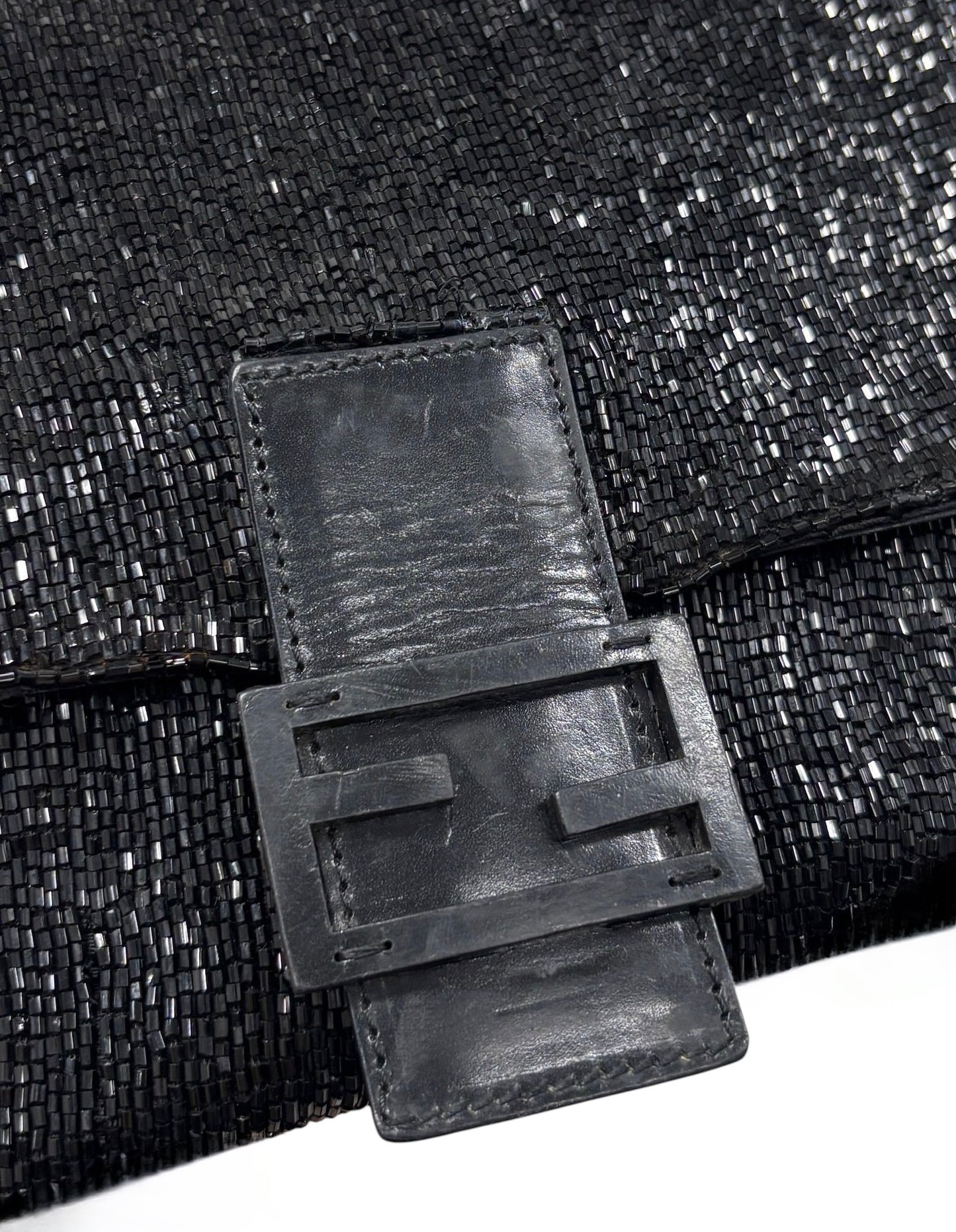 Fendi Vintage Black Beaded Leather Trim Mamma Baguette Shoulder Bag