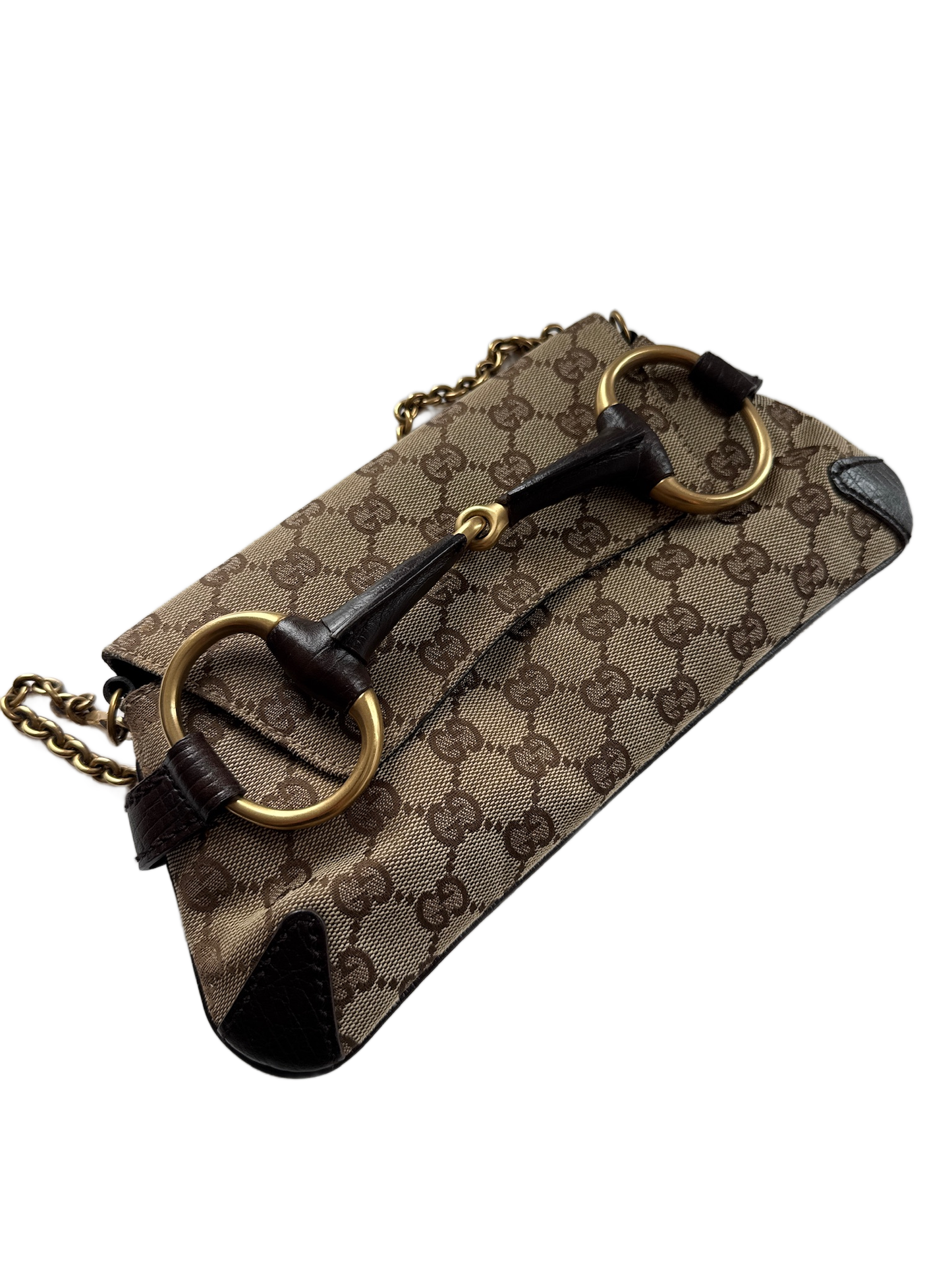 Gucci Vintage Brown GG Monogram Horsebit Small Chain Shoulder Clutch Bag