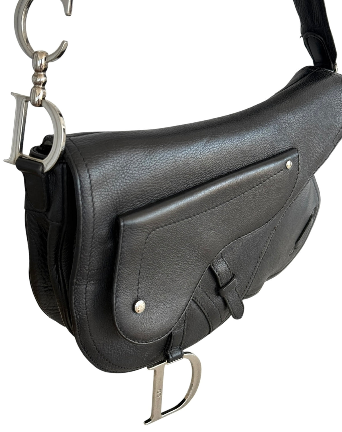 Dior Vintage 2002 Black Leather Messenger Adjustable Shoulder Crossbody Saddle Bag