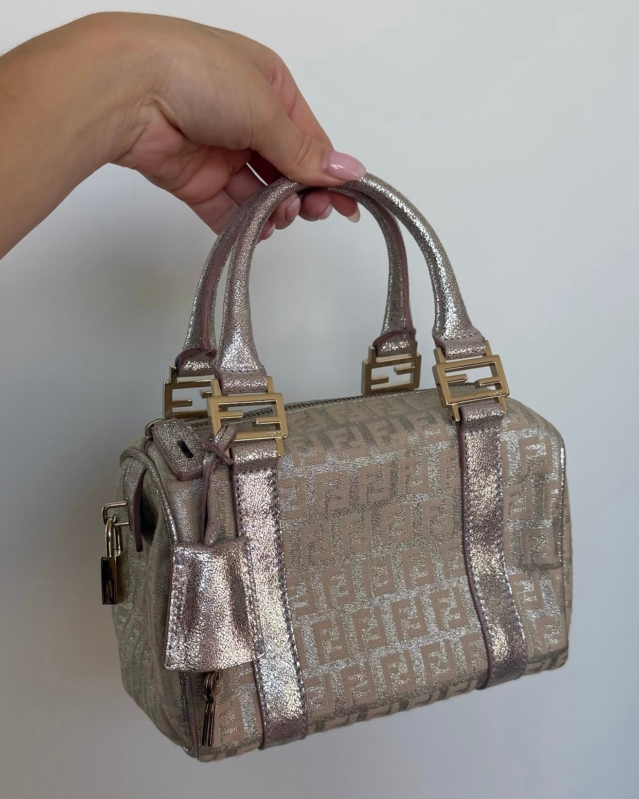 Fendi Vintage Metallic Pink Zucchino Zucca Monogram Mini Boston Top Handle Bag