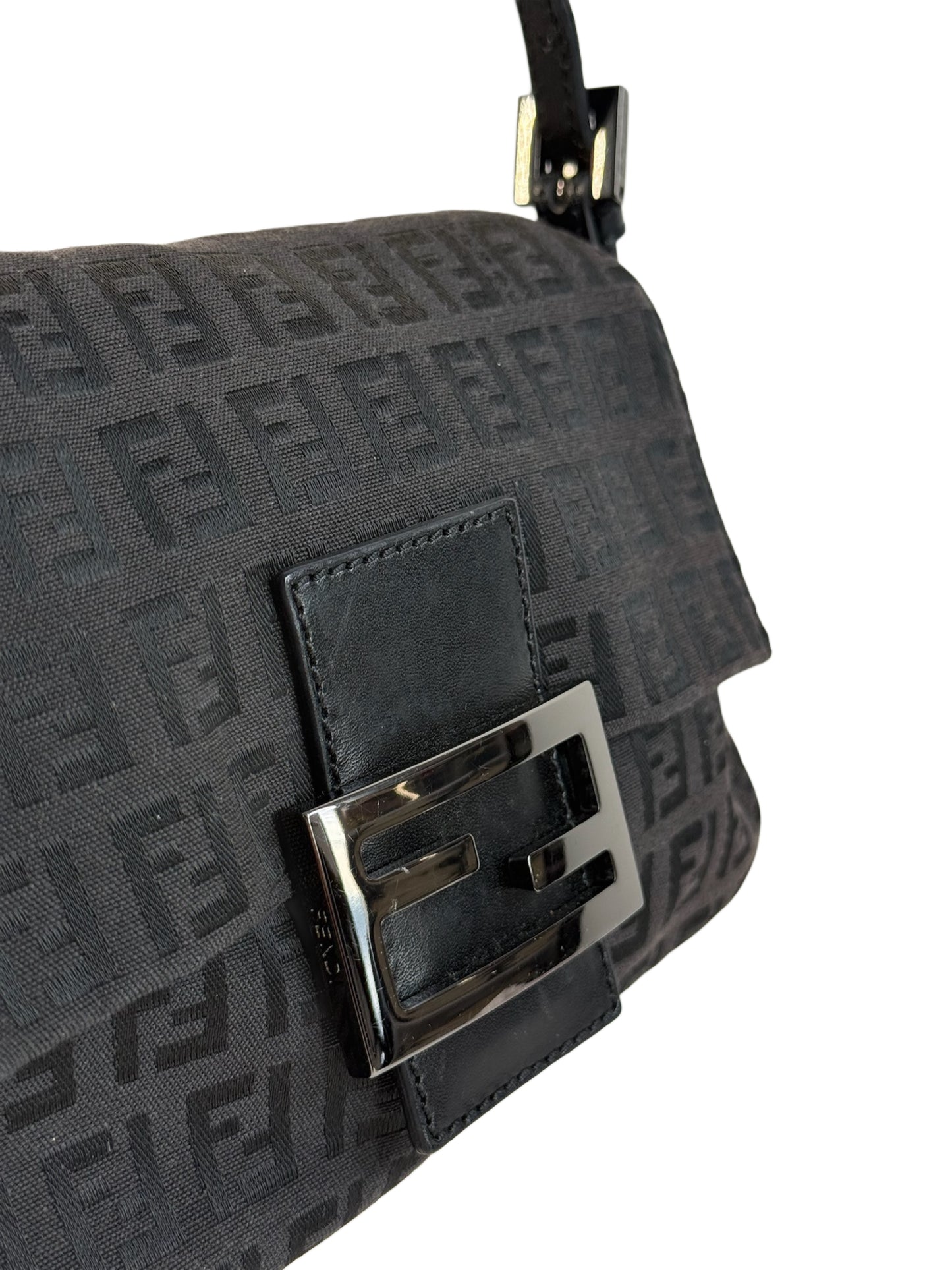 Fendi Vintage Black Zucchino Zucca Monogram Mini Mamma Shoulder Baguette Bag