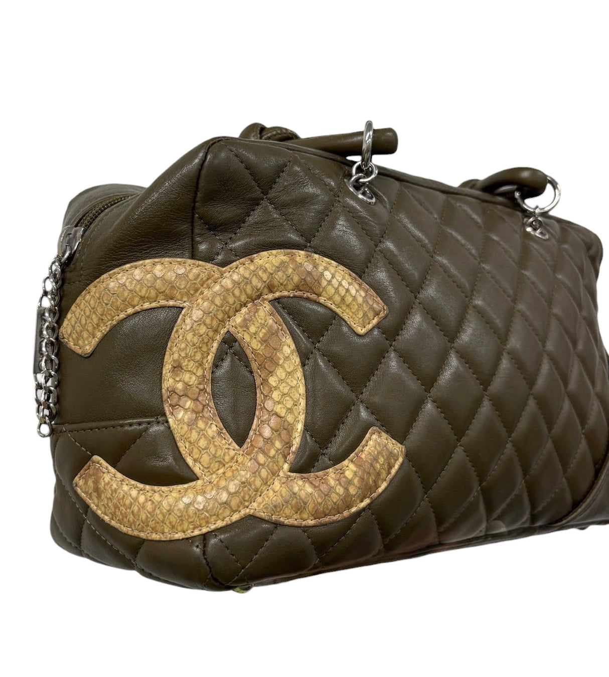 Chanel Vintage 2005 Khaki Green Quilted Lambskin Python CC Logo Cambon Bowler Shoulder Bag