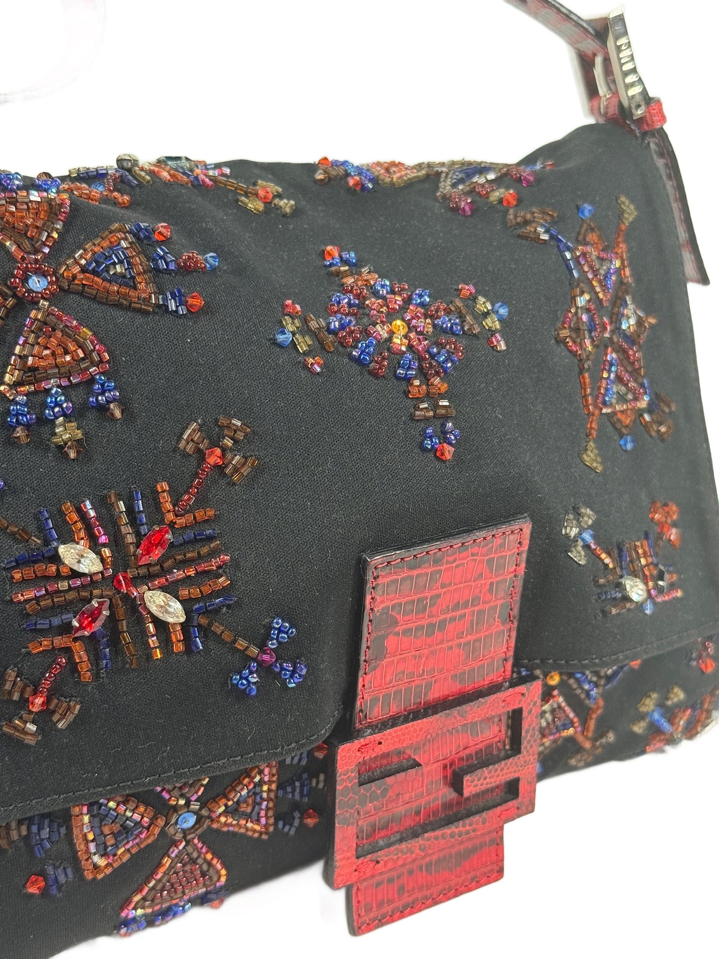 Fendi Vintage Black Nylon Embroidered Beaded Aztec Red Lizard Trim Mamma Baguette Shoulder Bag