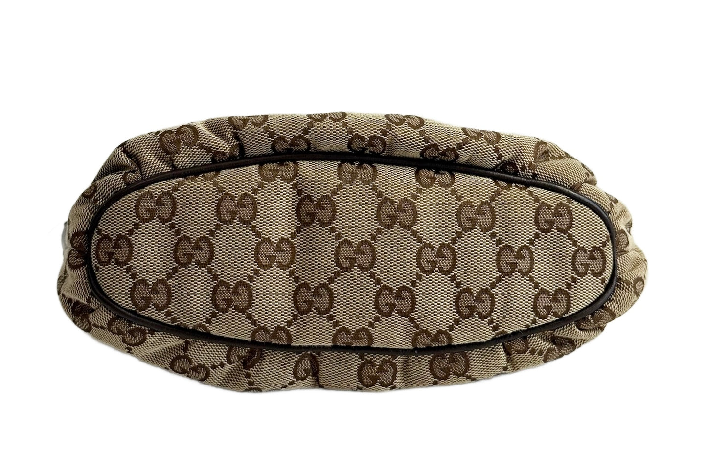 Gucci Vintage Brown GG Monogram Brown Leather Trim Webb Stripe Pull Ruffle Small Pochette Bag