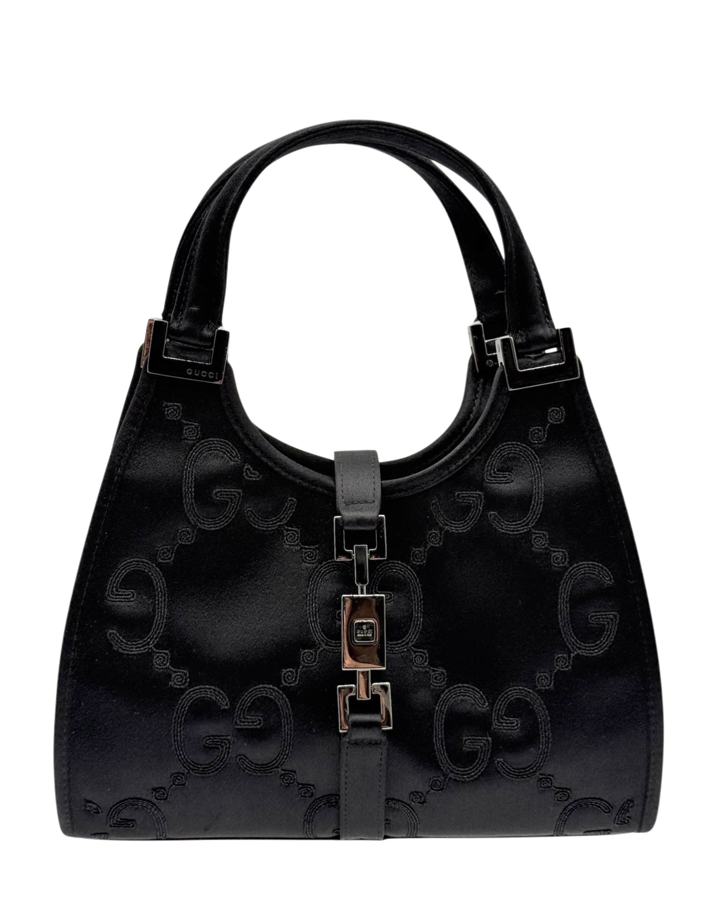 Gucci Vintage Black Satin Embroidered GG Monogram Mini Jackie Evening Bag