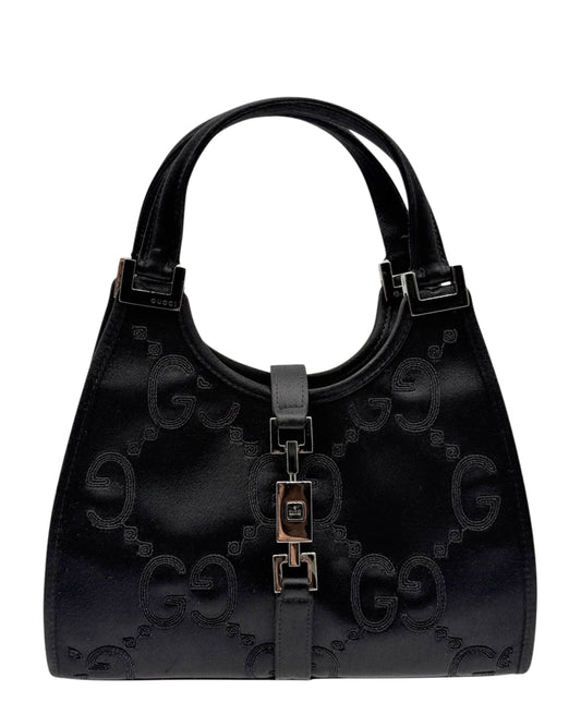 Gucci Vintage Black Satin Embroidered GG Monogram Mini Jackie Evening Bag
