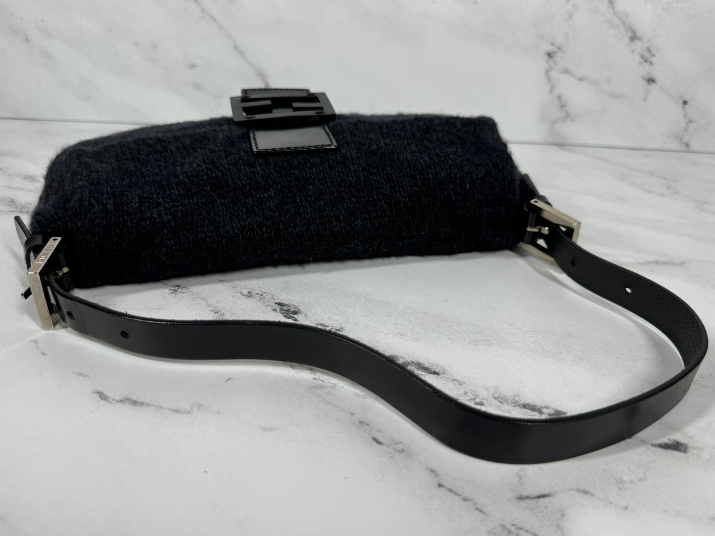 Fendi Vintage Dark Gray & Black Wool Knit Baguette Shoulder Bag