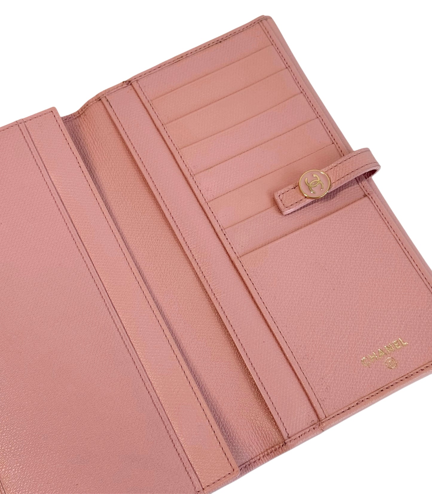 Chanel Vintage 2004 Pink Caviar Gold CC Snap Bifold Wallet